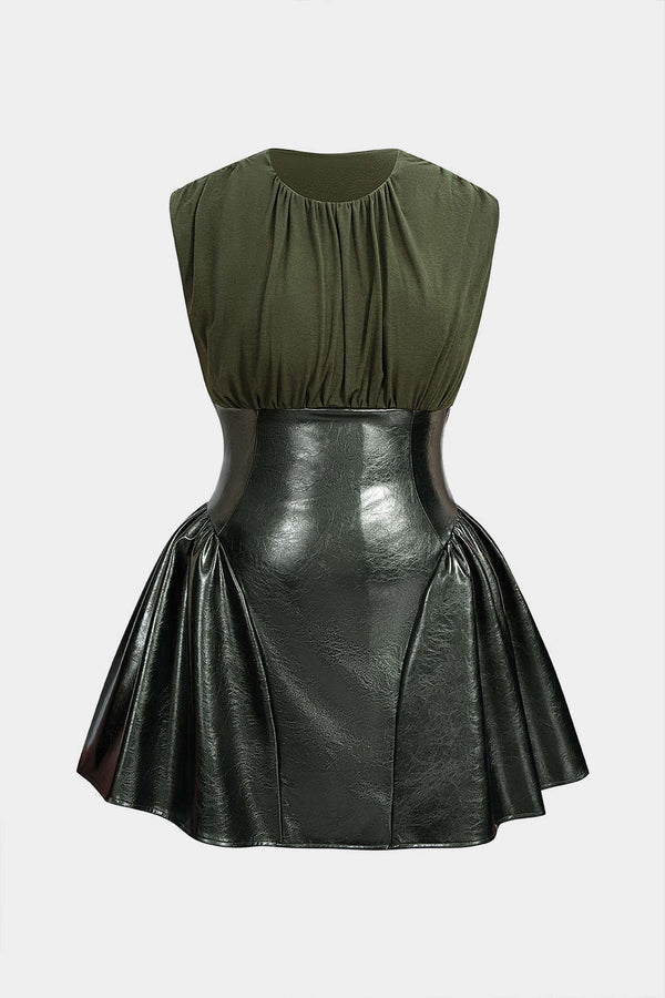 Chloé - Leren-look patchwork minijurk met ruches