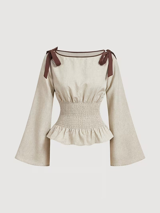 Khaki Blouse met Strik en Wijde Mouwen