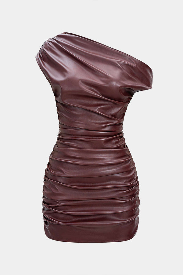 Leren-look asymmetrische minijurk met ruches