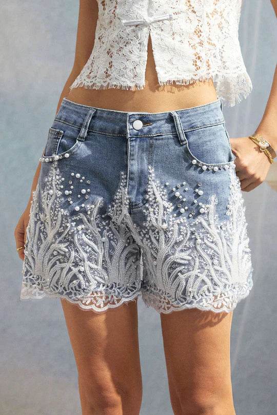 Denim Patchwork Short met Kanten Details