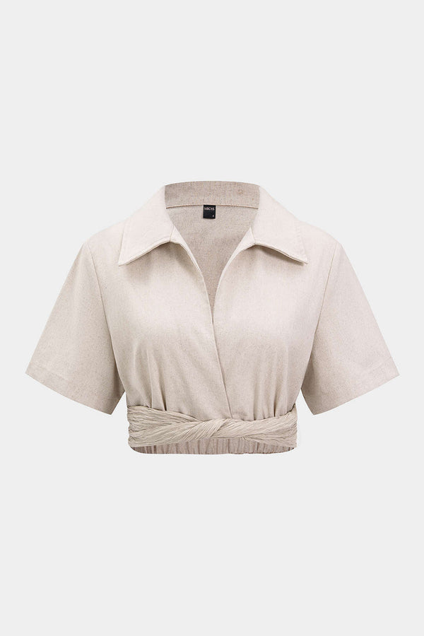Linnen cropped top met revers en gedraaid detail