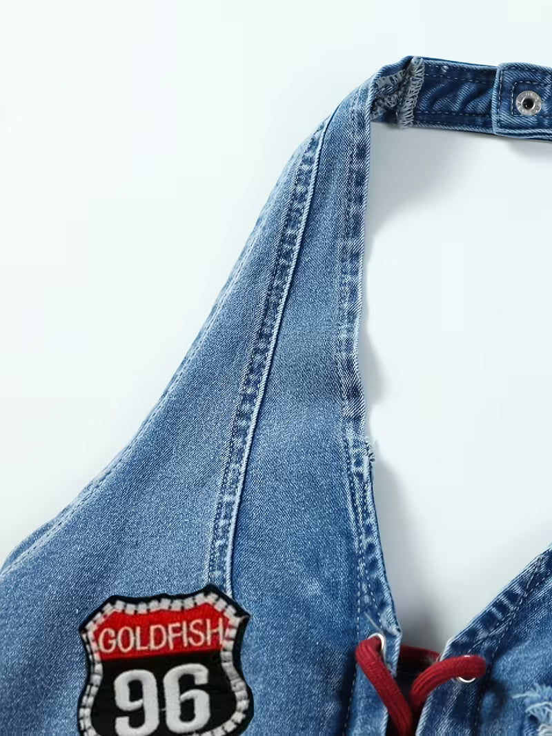 Y2K Denim Halter Top met Geborduurde Patches
