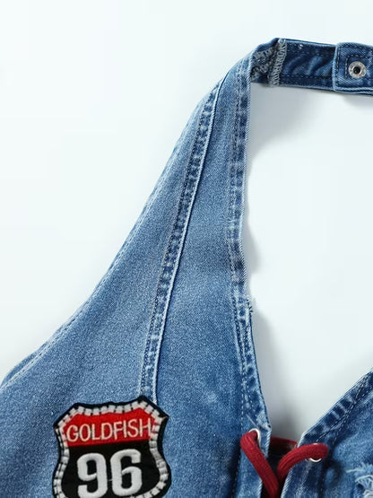 Y2K Denim Halter Top met Geborduurde Patches