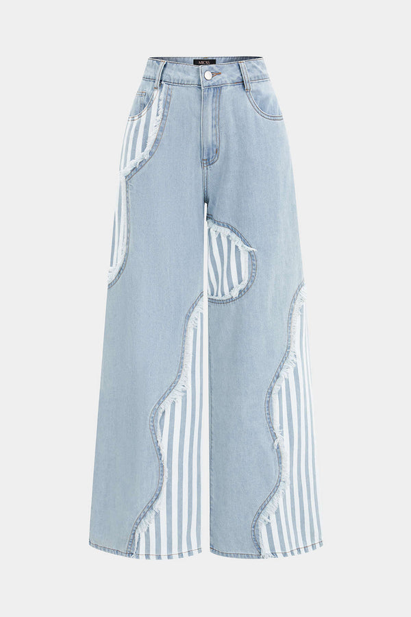 Patchwork jeans met rafelrand en wijde pijpen