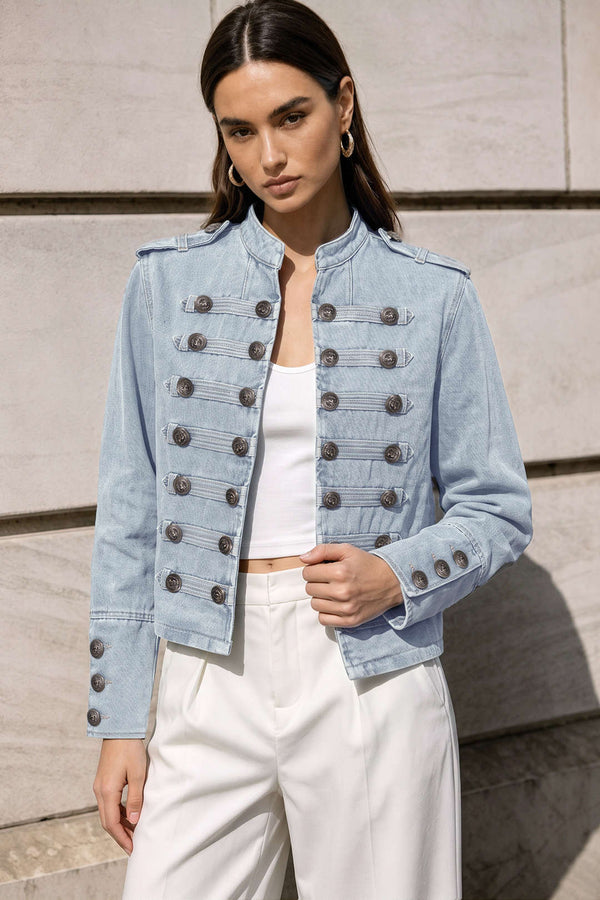 Denim metallic item met knoopjes en ronde hals
