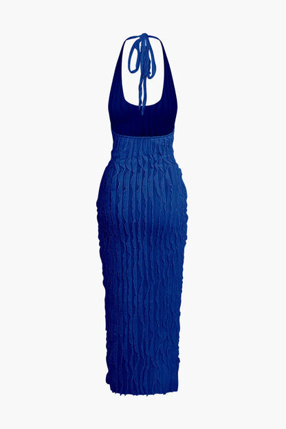 Maxi-jurk met transparante ruches, halterhals en open rug
