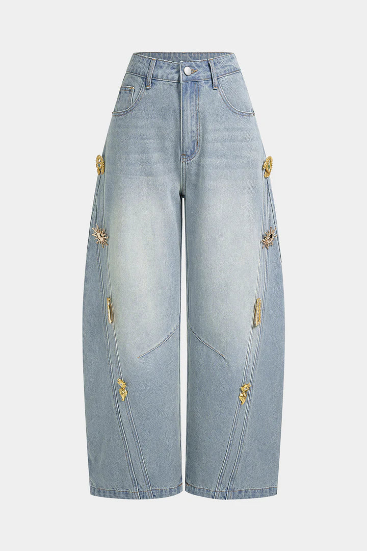 Denim jeans met metallic details en wijde pijpen