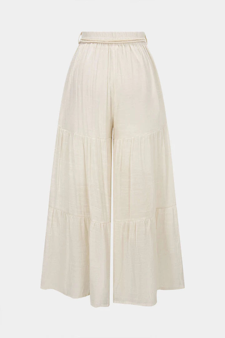 Broek met riem, plooien, hoge taille en wijde pijpen