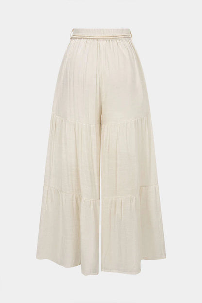 Broek met riem, plooien, hoge taille en wijde pijpen