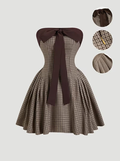 Retro Pied-de-Poule Jurk met Strik