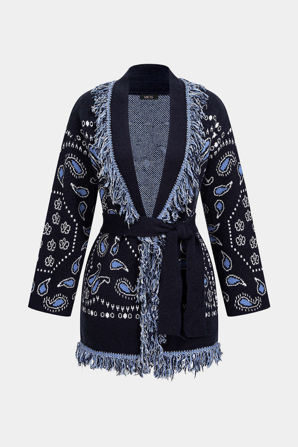 Gebreid paisley vest met franjes en riem