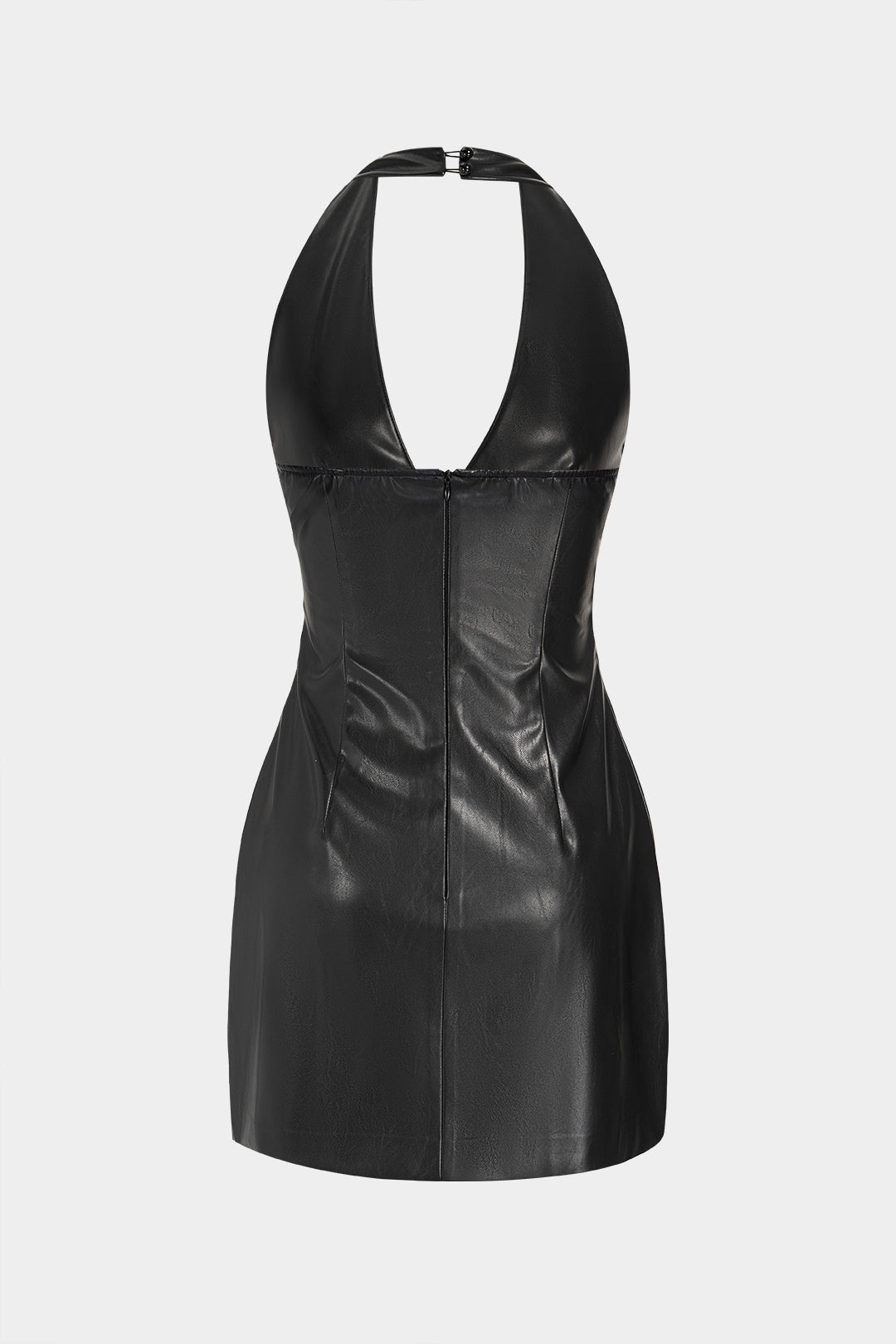 Leren-look mouwloze minijurk met halternek en V-hals