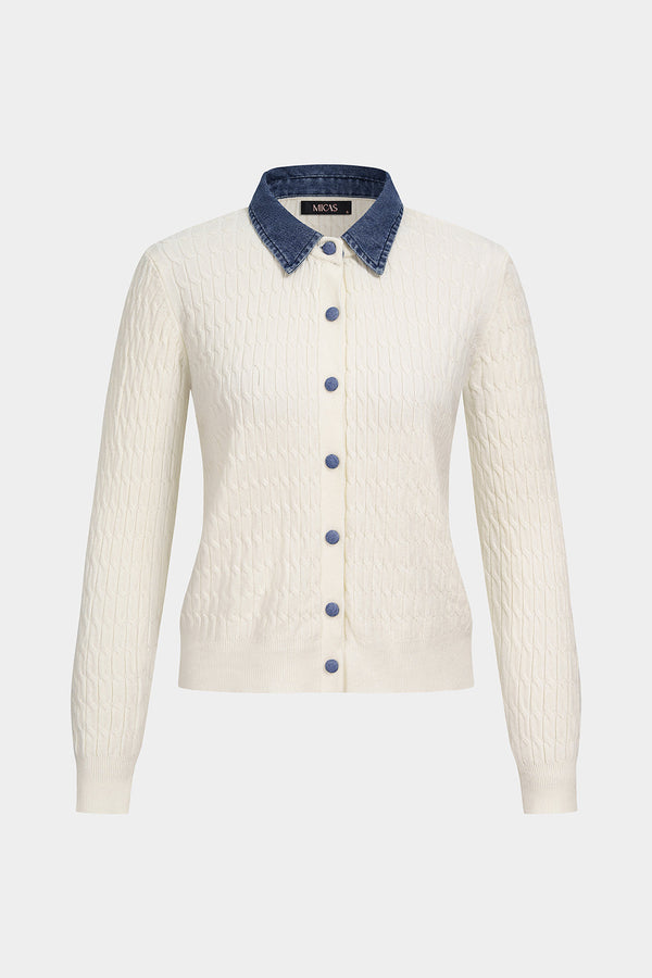 Gebreide patchwork top met kraag en lange mouwen
