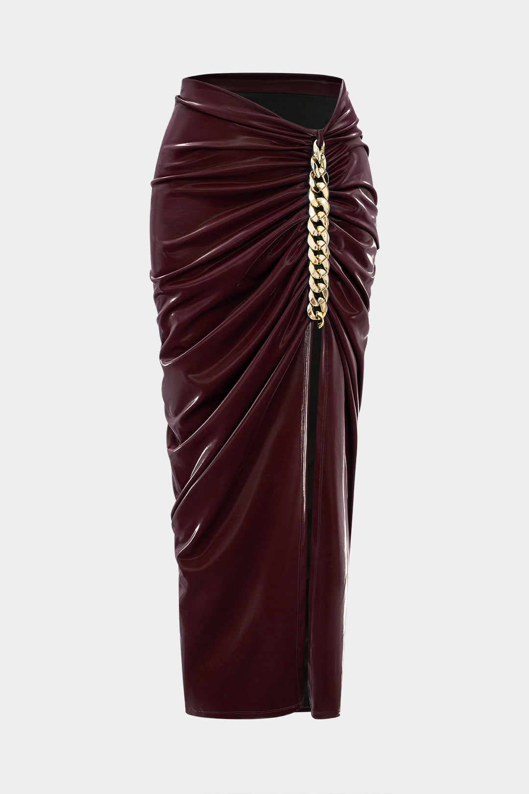 Leren-look metallic rok met kettingdetail en ruches