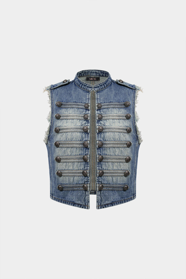 Denim gilet met knoopjes en rafelrand