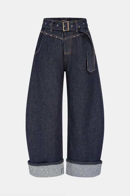 Denim Belted Rhinestone Wide Leg Jeans