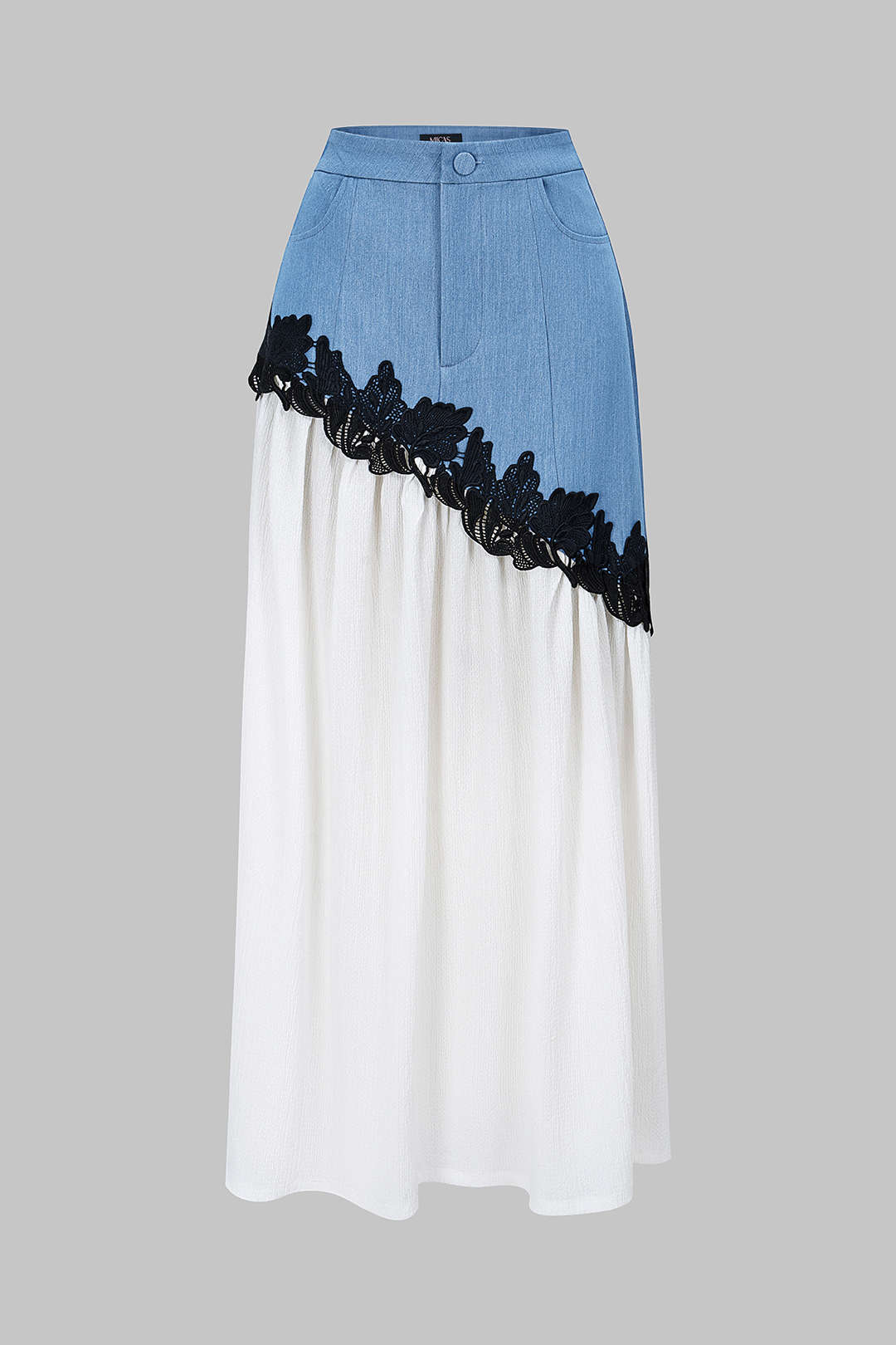 Denim patchwork rok met kanten rand