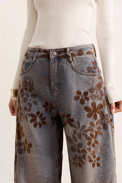 Denim jeans met bloemenprint, hoge taille en zakken