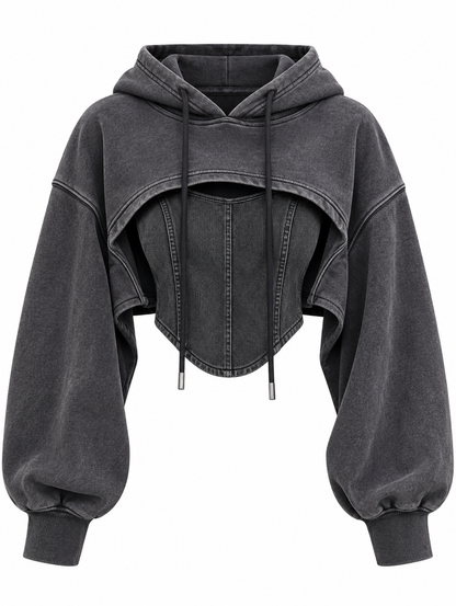 Vintage patchwork hoodie met trekkoord