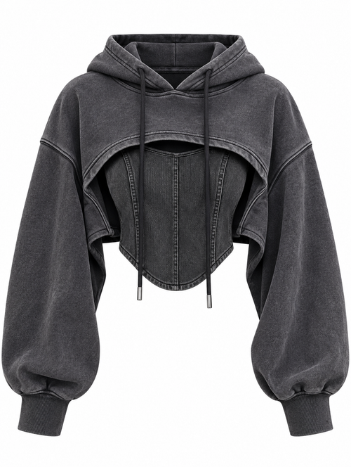 Vintage patchwork hoodie met trekkoord