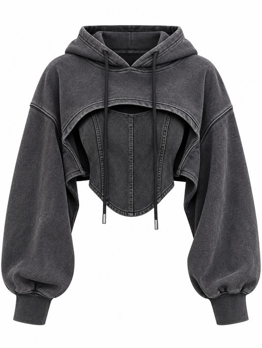 Vintage patchwork hoodie met trekkoord