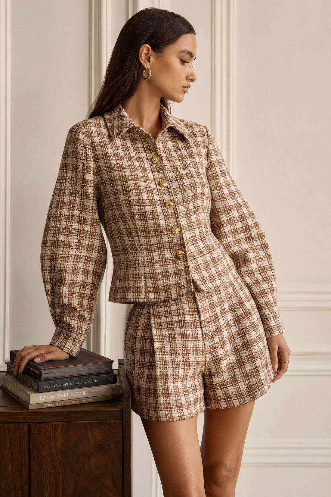 Geometrische wollen blouse met knoopjes en lange mouwen