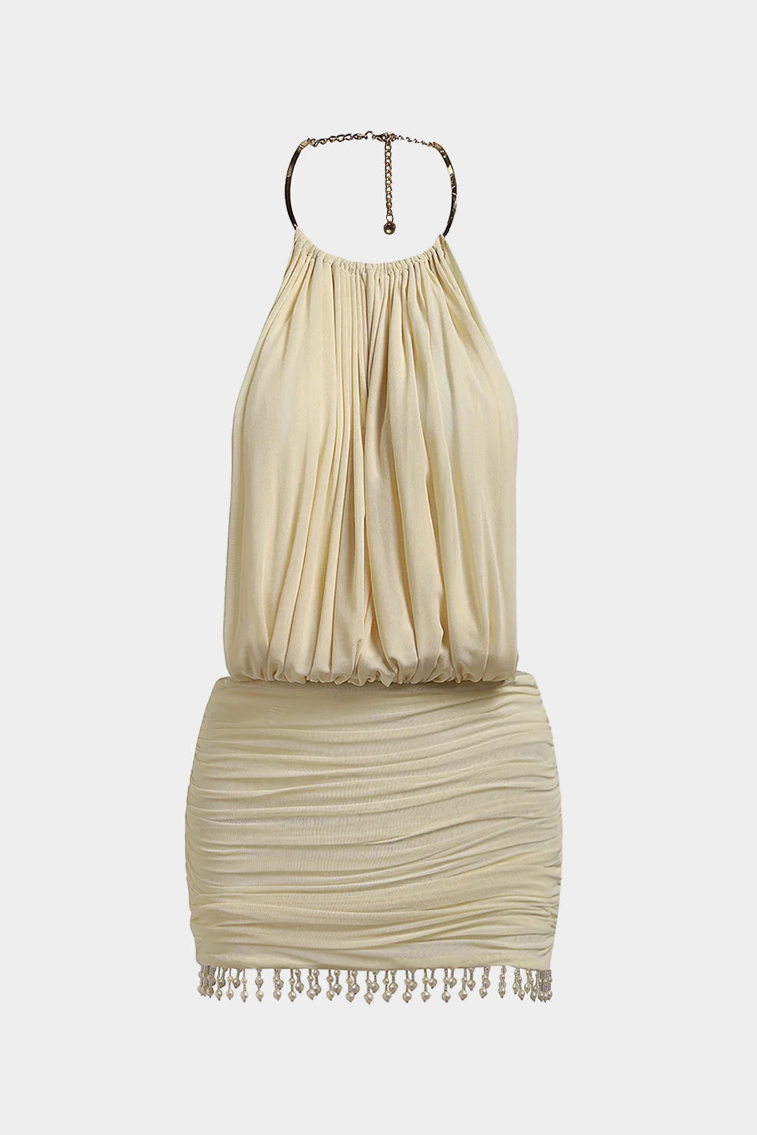 Mesh mouwloze minijurk met halternek, parels en ruches