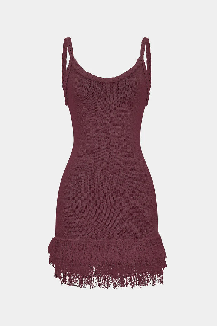 Open Knit Fringe Braided Backless Slip Sleeveless Mini Dress