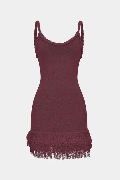 Open Knit Fringe Braided Backless Slip Sleeveless Mini Dress
