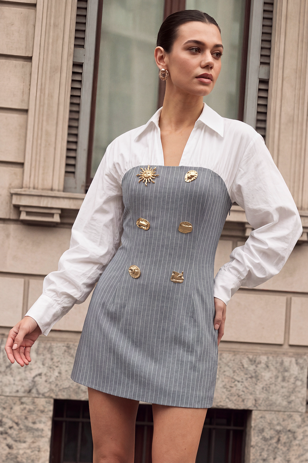 Gestreepte patchwork minijurk met lange mouwen