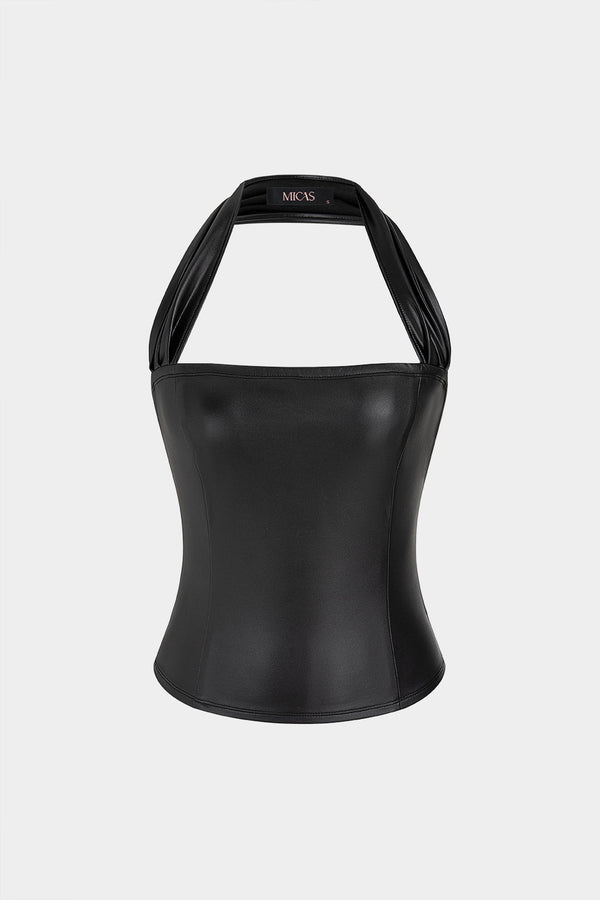 Lara - Leren-look tanktop met halternek en open rug