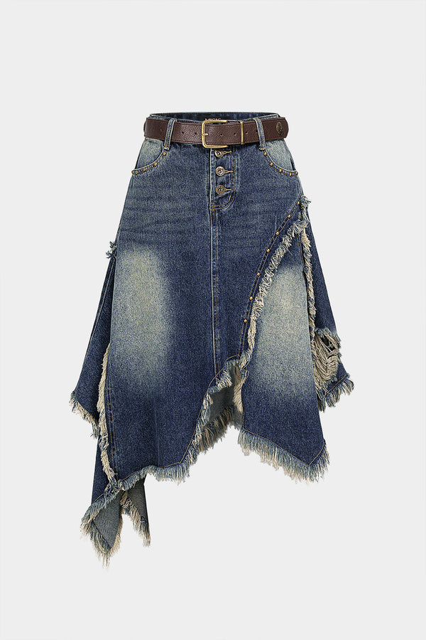Denim asymmetrische rok met rafelrand en riem