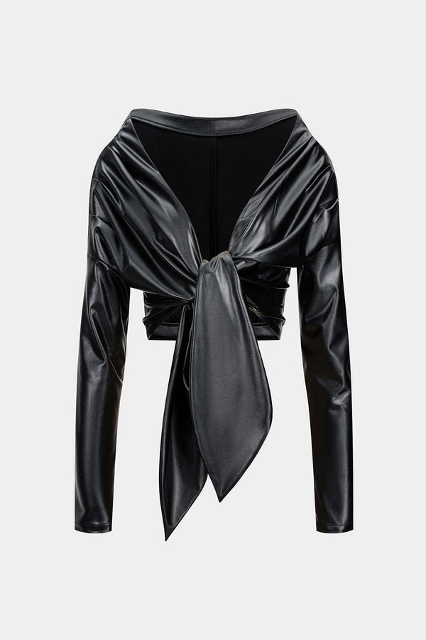 Leren-look blouse met ruches en lange mouwen