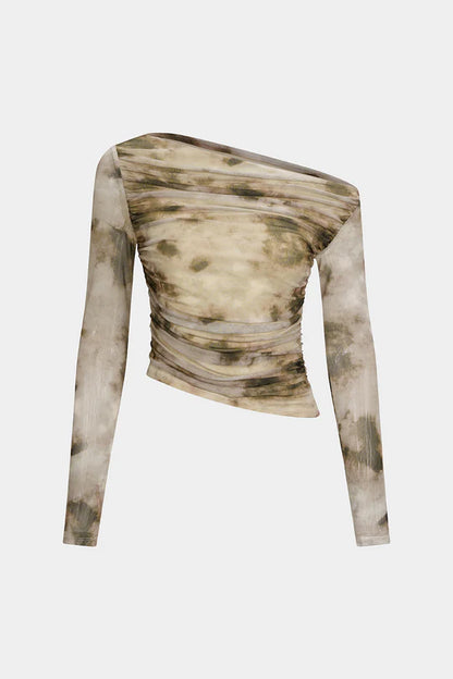 Abstract Print Mesh Off Shoulder Long-Sleeve Top