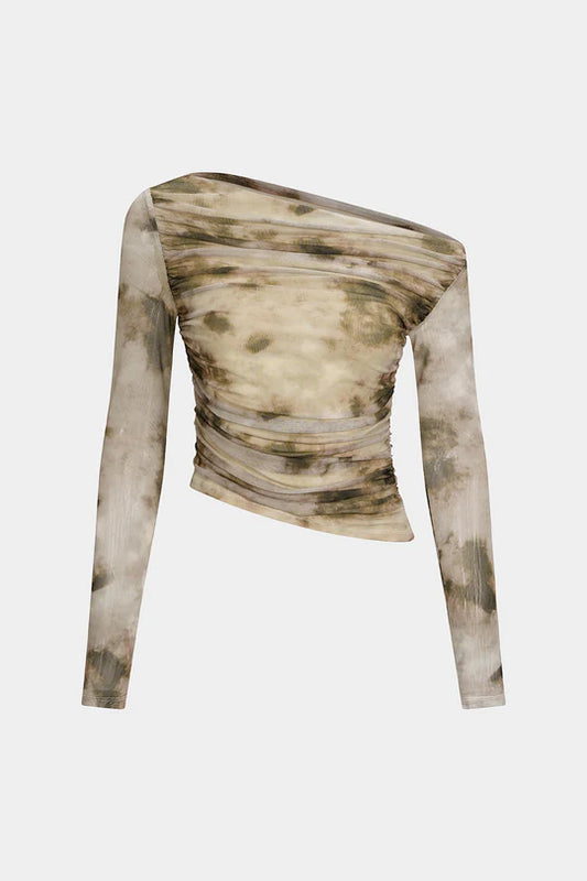 Abstract Print Mesh Off Shoulder Long-Sleeve Top