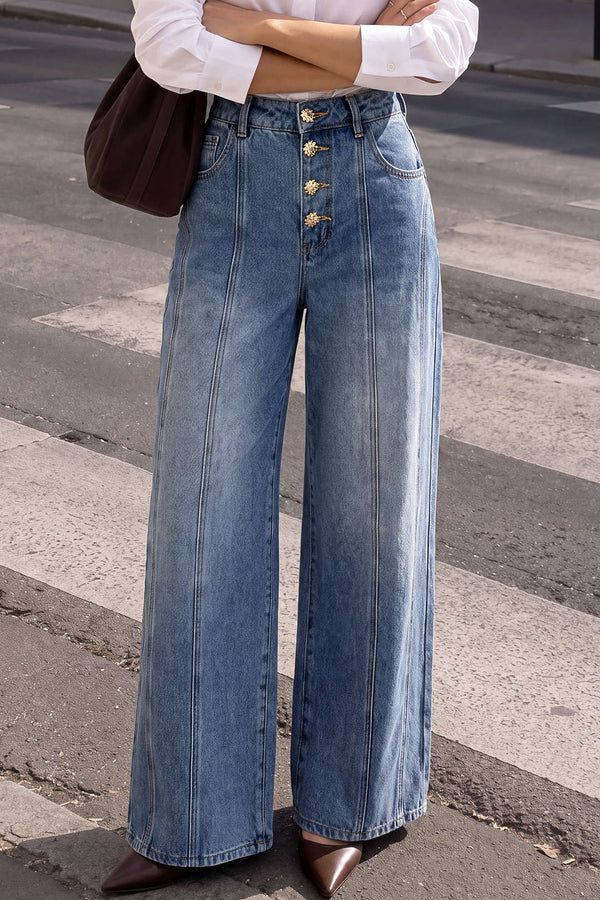 Isa - Metallic jeans met knoopjes en wijde pijpen