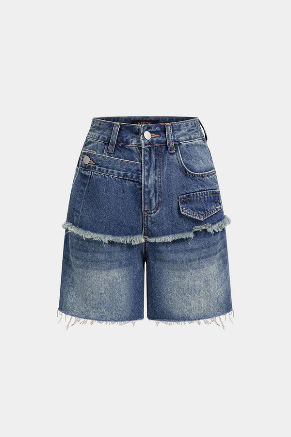 Denim asymmetrische short met rafelrand en wijde pijpen