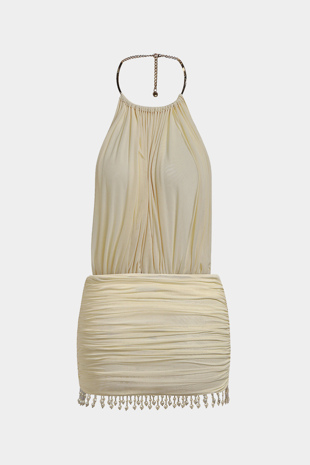 Mesh mouwloze minijurk met halternek, parels en ruches