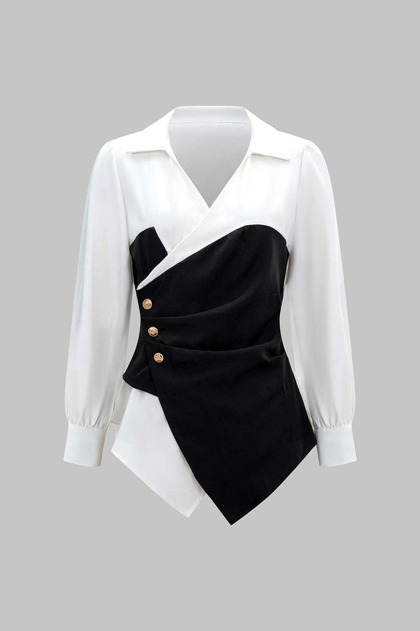 Metallic geplooide blouse met V-hals en lange mouwen