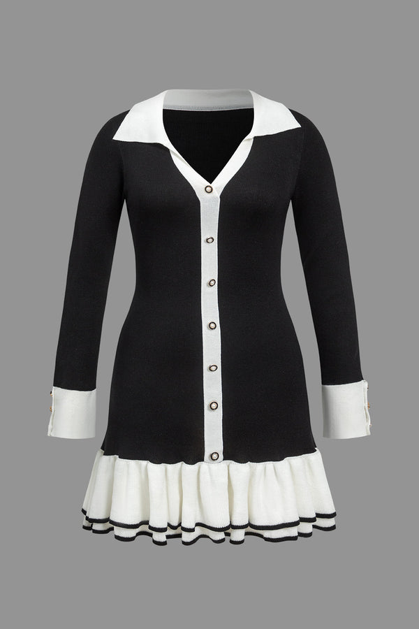 Colorblock gebreide jurk met strik en ruches