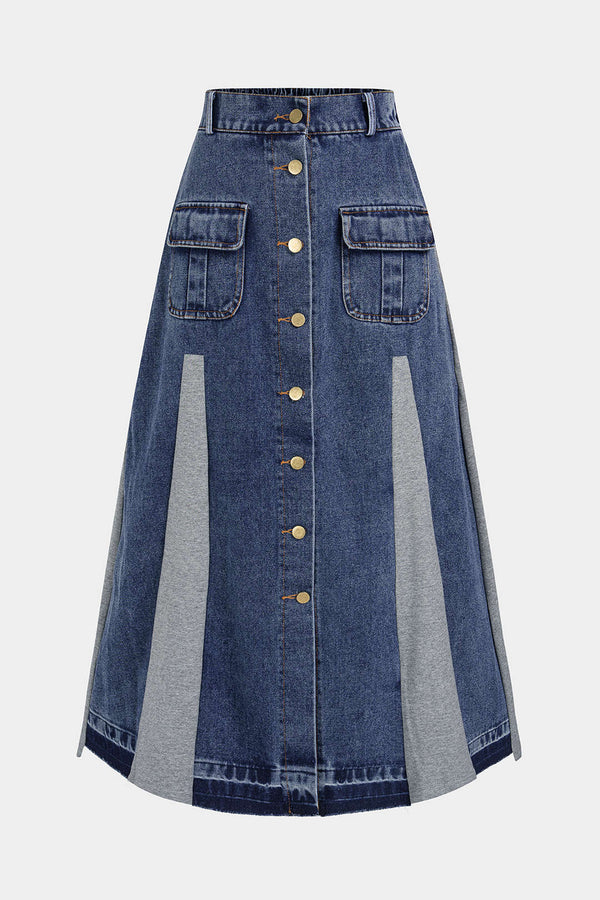 Denim patchwork rok met knoopjes en hoge taille