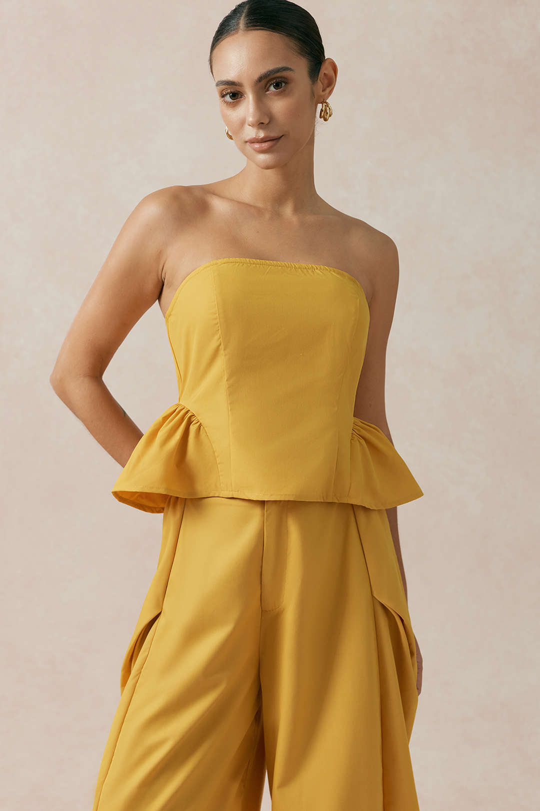 Effen strapless top met ruches en smokwerk