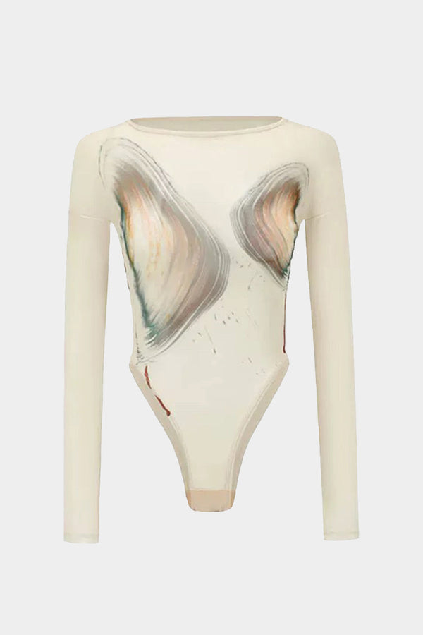 Mesh abstracte print body met lange mouwen