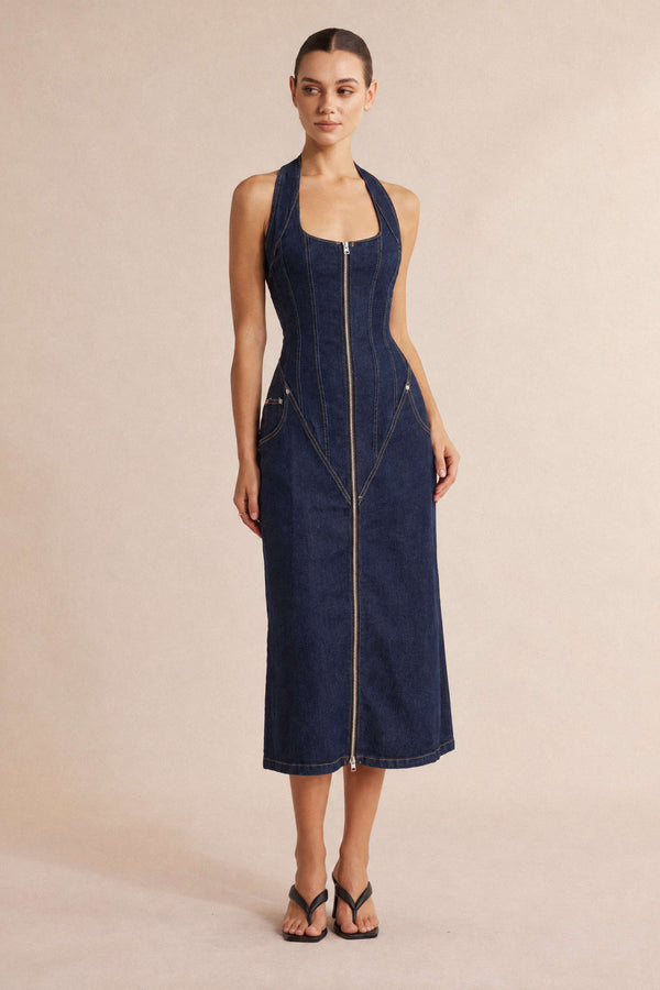 Denim midijurk met halternek en rits