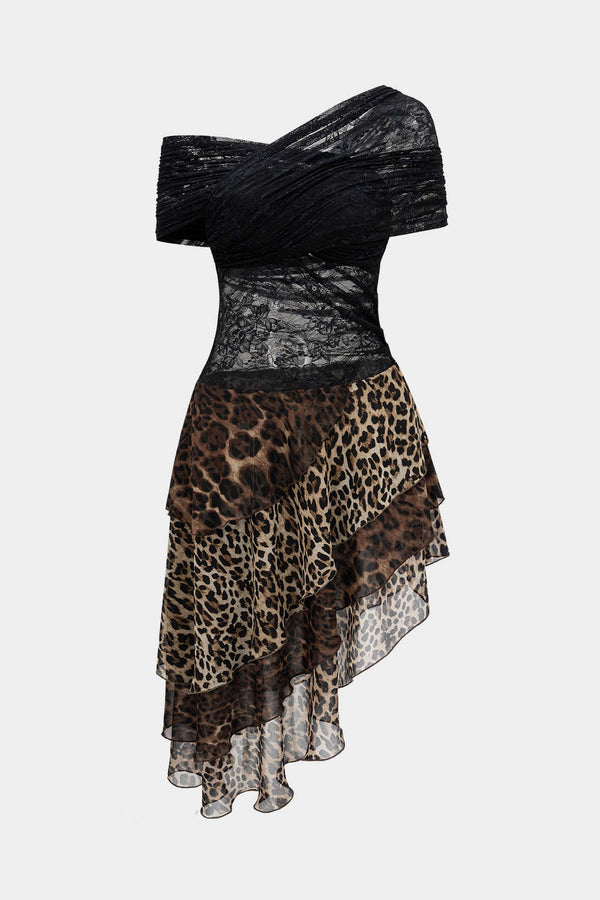 Luipaardprint patchwork minijurk met kant