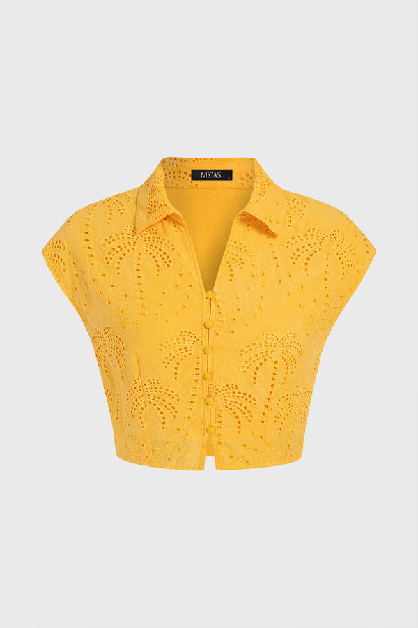 Top met kant, revers en opengewerkt detail