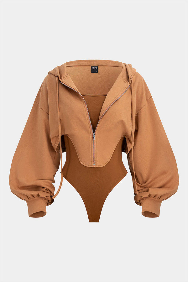 Body met capuchon, rits en lange mouwen