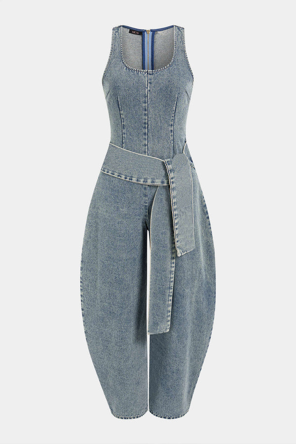 Denim mouwloze jumpsuit met ronde hals, strik en ballonmodel