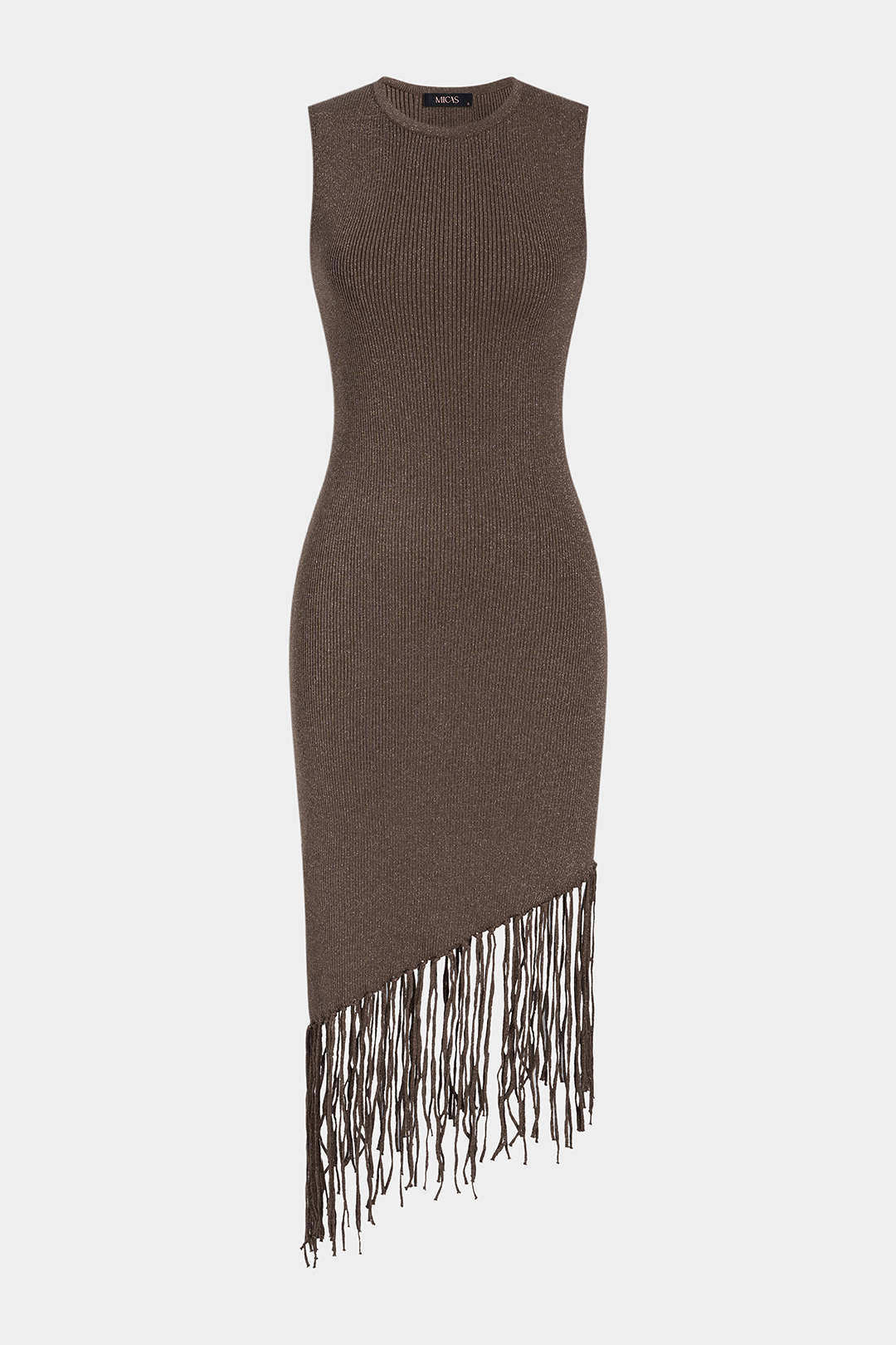 Lisa - Gebreide mouwloze midijurk met ronde hals en franjes