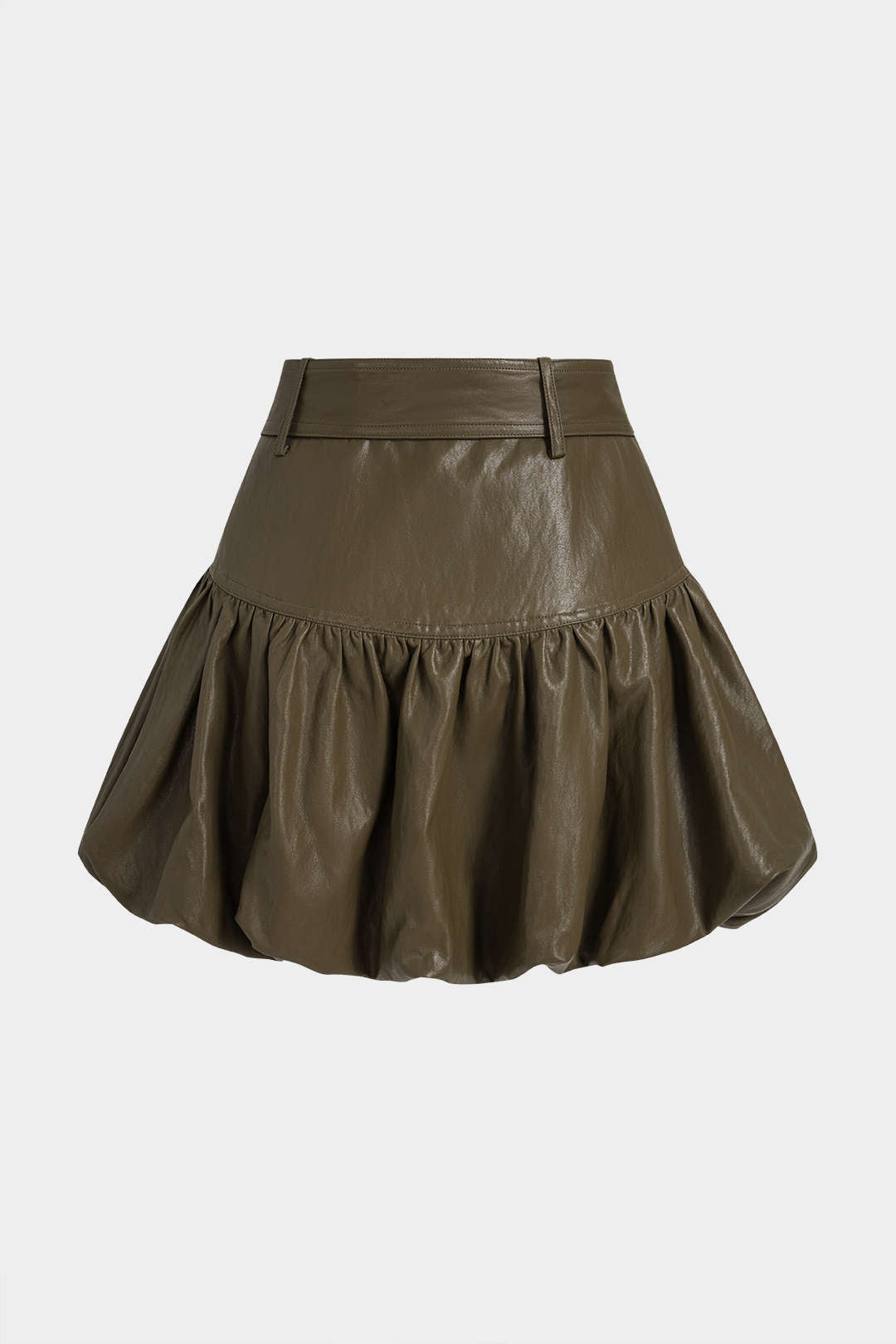 Leren-look metallic minirok met riem en ruches